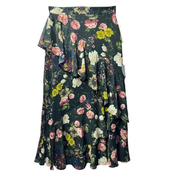 Eliza J Floral Ruffle Midi Skirt Green Pink Yellow Asymmetrical NWT Size 12 - Picture 2 of 9